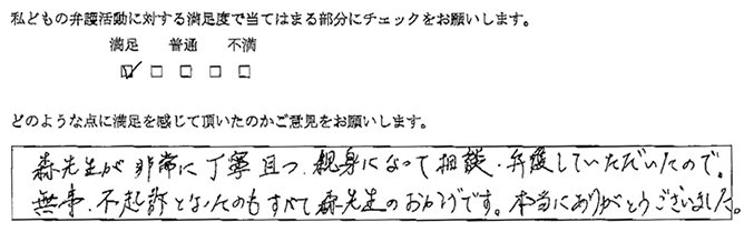 非常に丁寧且つ親身になって相談・弁護していただいた