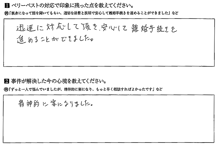 迅速に対応して頂き、安心して離婚手続きを進めることができました。